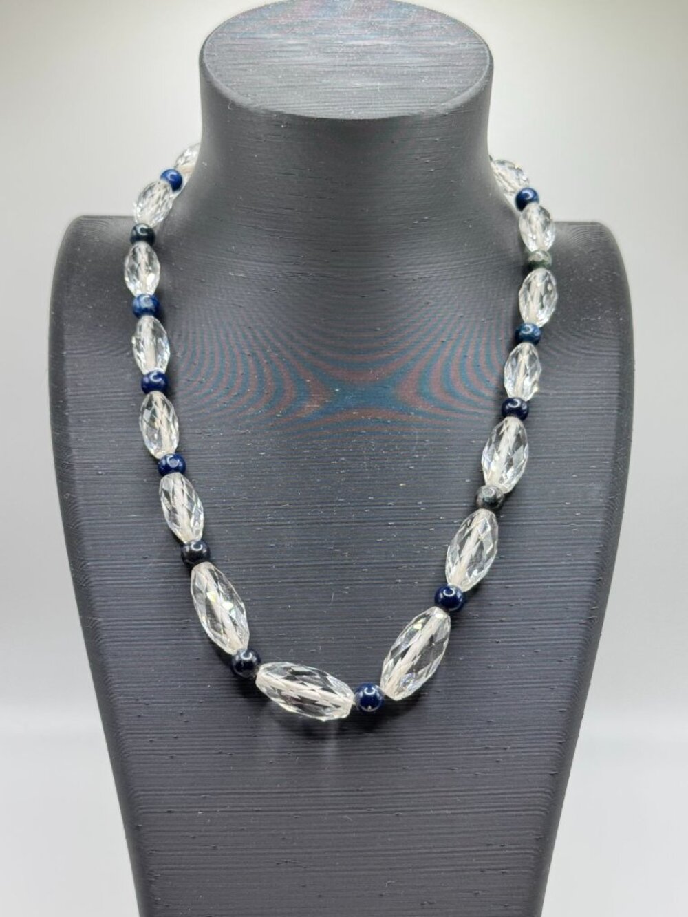 Art Deco Rock Crystal Quartz Lapis Lazuli Faceted Bead Necklace Filigree
